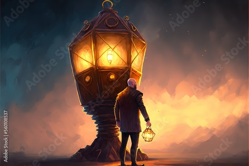 A man of the industrial era stands near the golden lantern