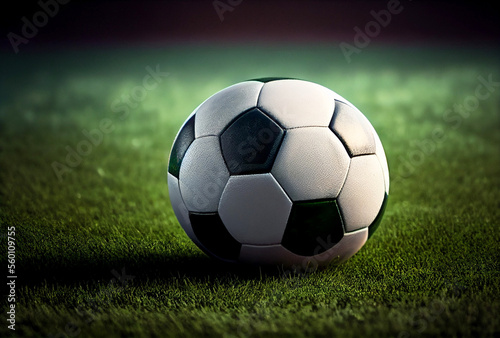 Traditional soccer ball on soccer field. Generative AI Art. © Sci-Fi Agent