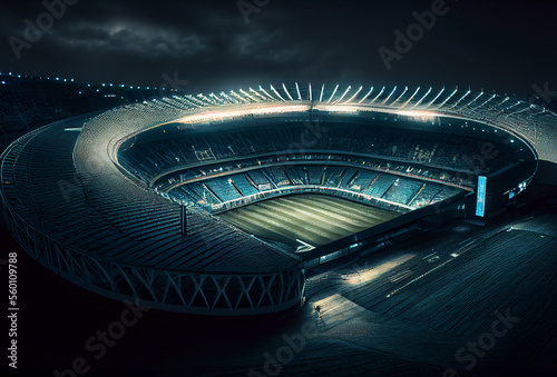 Football stadium with illumination and green grass. Soccer arena and night sky. Generative AI Art. Aerial view. photo