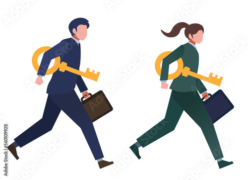 鍵を持ち走る会社員　男女　スーツ　人物フラットイラスト