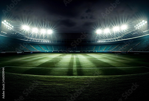 Football stadium with illumination and green grass. Soccer arena and night sky. Generative AI Art. © Sci-Fi Agent