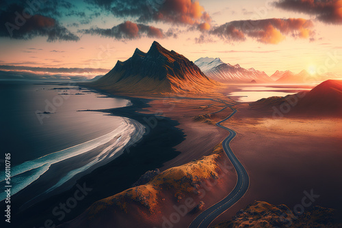 scenic road in Iceland, beautiful nature landscape aerial panorama, mountains and coast at sunset, art illustration