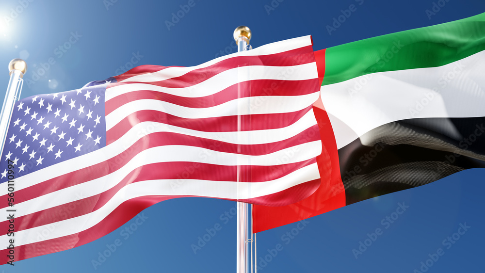 Obraz premium american and united arab emirates flags waving in the wind against a blue sky. usa, emirate national symbols 3d rendering