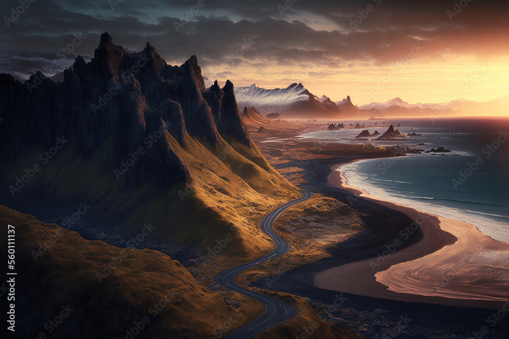 scenic road in Iceland, beautiful nature landscape aerial panorama, mountains and coast at sunset, art illustration