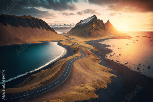 scenic road in Iceland, beautiful nature landscape aerial panorama, mountains and coast at sunset, art illustration