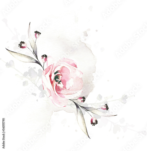 Arranagement with gray leaves branches, pink rose flower and abstract washes. Watercolor painted floral bouquet. Cut out hand drawn PNG illustration on transparent background. Isolated clipart. photo