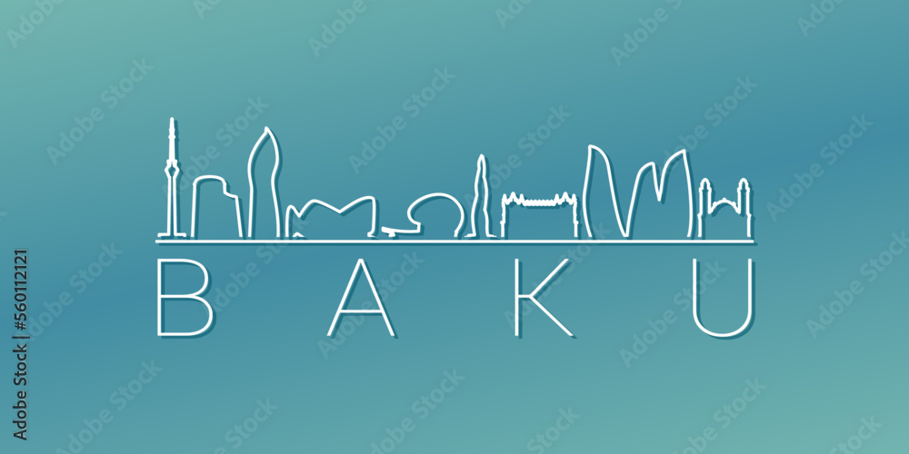 Baku, Azerbaijan Skyline Linear Design. Flat City Illustration Minimal Clip Art. Background Gradient Travel Vector Icon.