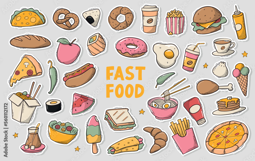 set of fast food stikcers, doodles, clip art for planners, prints, cards, menues, etc. EPS 10 set of fast food stikcers, doodles, clip art for planners, prints, cards, menues, etc. EPS 10
