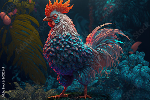 A colorful hen is standing in the jungle, Generative AI