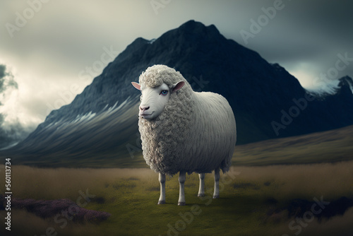 A sheep standing in a field with a mountain in the background, Generative AI