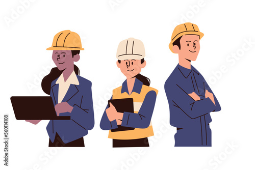 Costruction Workers Team Industrial Technicians Engineer Character with helmet secure Teamwork Flat Vector Illustration