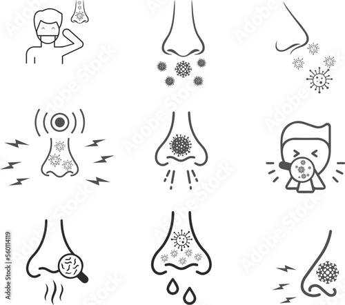 Nose infection icon set, nose allergy icon set black vector