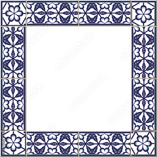 Antique square tile frame botanic garden vintage pattern blue flower leaf cross