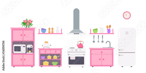 Pink kitchen with utensils and kitchen appliances on white background. Doll house interior concept. Cartoon flat style. Vector illustration