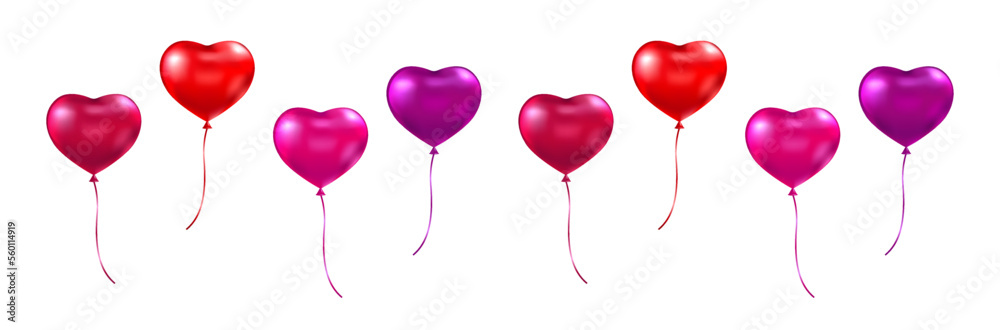 3d render heart balloon set. Red, pink, purple realistic balls. Happy Valentines Day background. Glossy bubble with ribbon. Flying helium bunch of balloons. Love, wedding party. Vector illustration