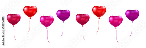 3d render heart balloon set. Red, pink, purple realistic balls. Happy Valentines Day background. Glossy bubble with ribbon. Flying helium bunch of balloons. Love, wedding party. Vector illustration