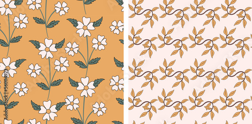 Set of 2 floral seamless pattern. Meadow florals print design for fabric, wallpaper, stationery etc.