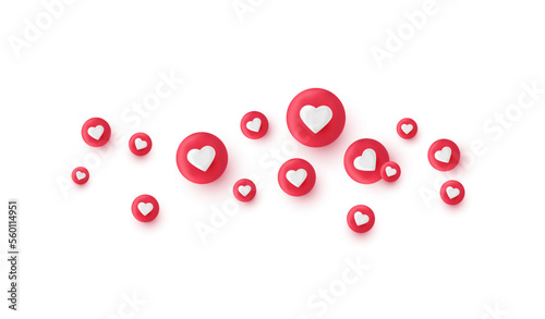 3d render like icon set. Social media bubble with heart. Love element. Comment button. Share tag. Notice people. Chat text. Speech communicate. Notification label. Emoji reaction.Vector illustration