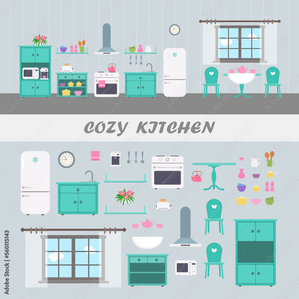 Clip art with cozy green kitchen, crockery, kitchen appliances and dining table. Doll house interior concept. Cartoon flat style. Vector illustration