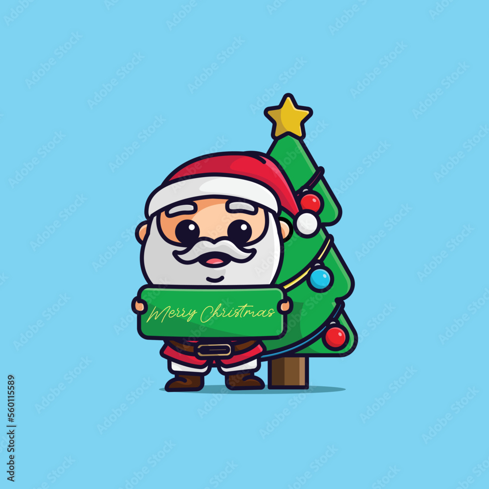 Cute cartoon santa claus greeting with christmas tree simple illustration Cute cartoon santa claus greeting with christmas tree simple illustration