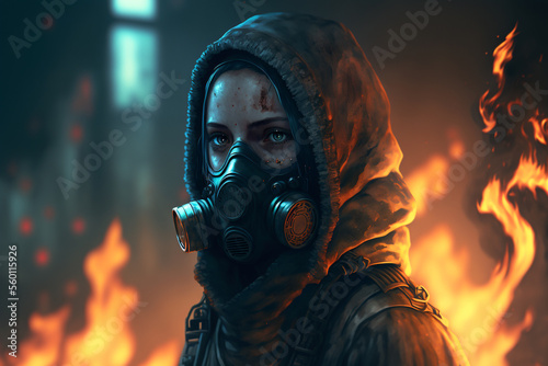 A woman wearing a gas mask in front of a fire, Generative AI