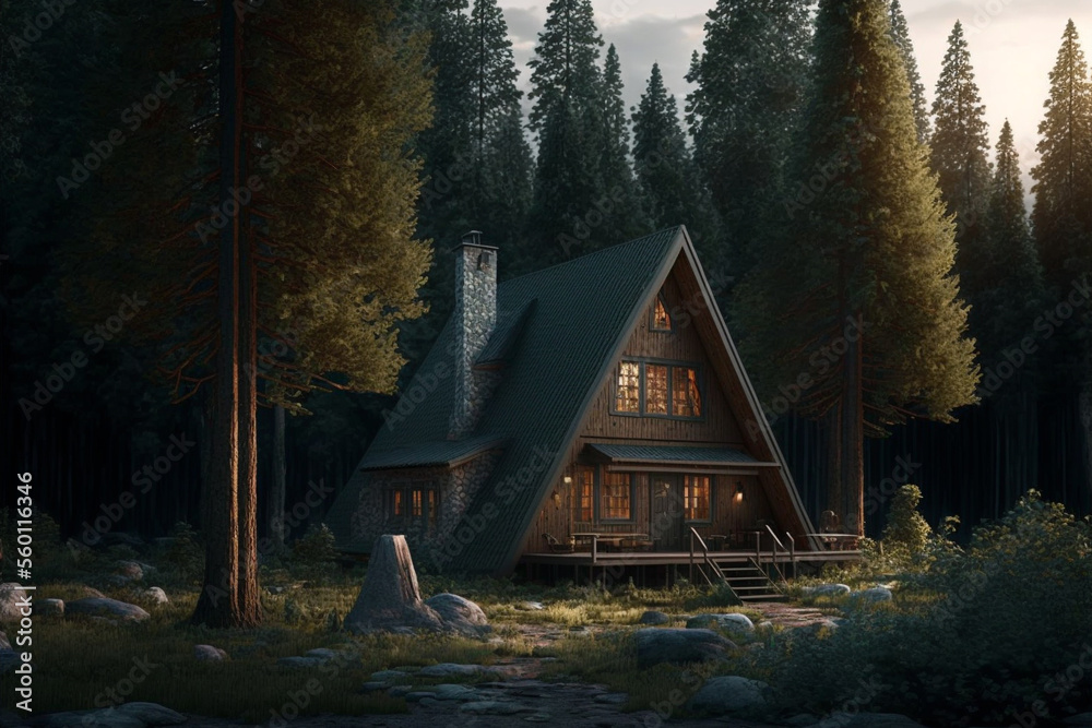 A small cabin in the middle of a forest, Generative AI A small cabin in the middle of a forest, Generative AI