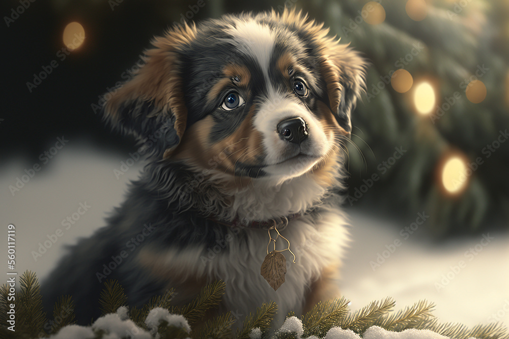 A puppy sitting in the snow in front of a christmas tree, Generative AI