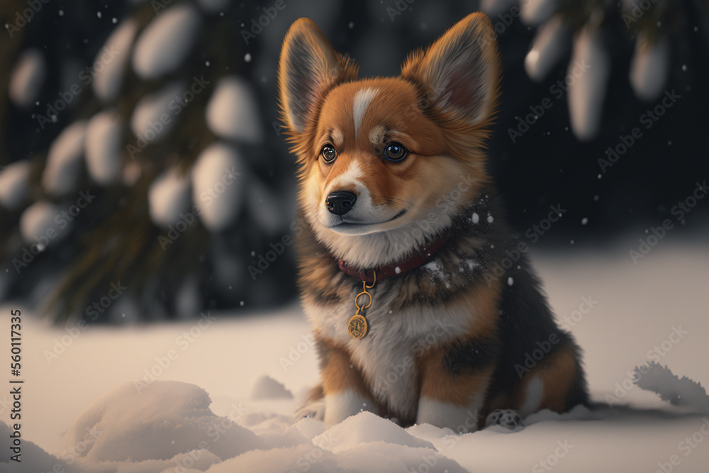 A puppy sitting in the snow in front of a christmas tree, Generative AI