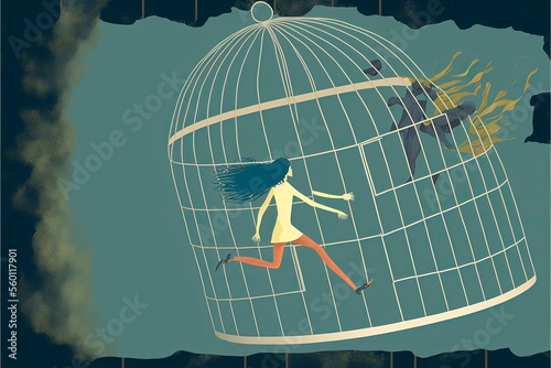 A young woman steps out of the cage. The female character is getting out of a confined space