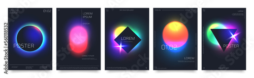 Modern futuristic posters with neon gradient forms on black background, abstract sci-fi print with eclipse effect. Cyberpunk aesthetic cover, circle frame minimalist space poster vector template set