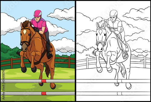 Show Jumping Coloring Page Colored Illustration