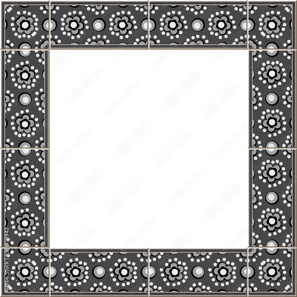 Antique square tile frame botanic garden vintage pattern gray round dot flower