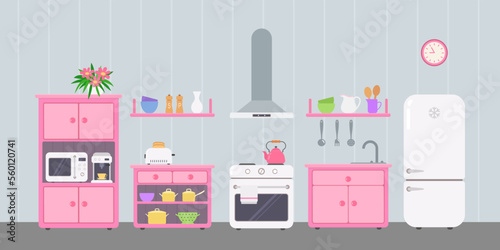 Pink kitchen with utensils and kitchen appliances. Doll house interior concept. Cartoon flat style. Vector illustration
