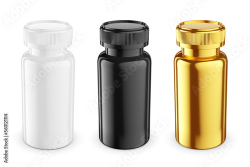 White, black, gold medicine bottles mockup template isolated on white. 3D rendering.