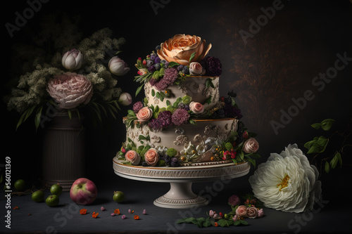 Wedding cake with sugar flowers. Generative AI photo