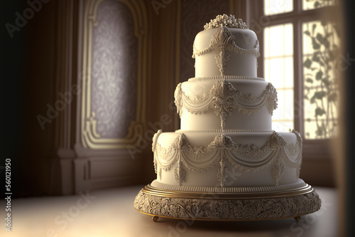 Three-tiered elegant weddig cake. Generative AI photo