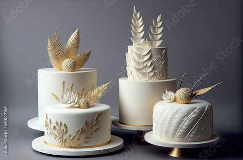 White and golden wedding cakes. Generative AI photo