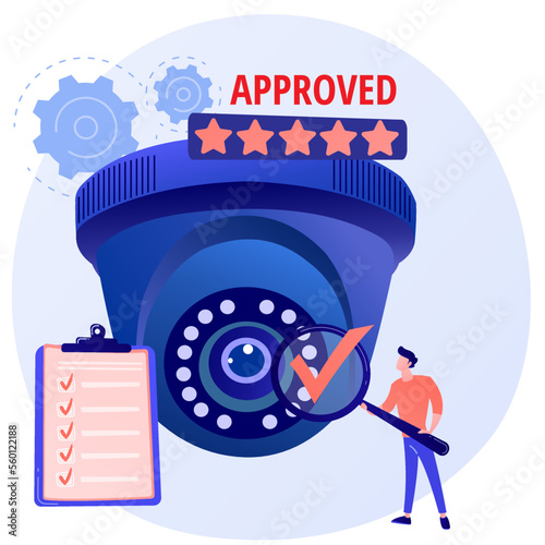 Expert technician approved CCTV product abstract concept illustration. Man holding checkmark symbol hand finished checkup trials list. CCTV checklist.