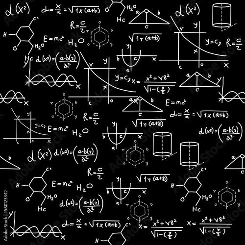Molecular physical equations and formulas on school board Vector hand drawn illustration. Science and education background. Maths seamless pattern. Tile for endless background