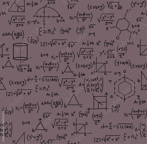 Molecular physical equations and formulas on school board Vector hand drawn illustration. Science and education background. Maths seamless pattern. Tile for endless background