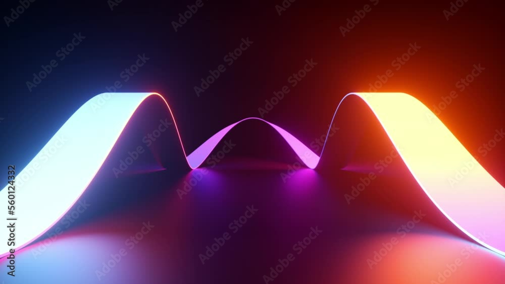 looped 3d animation, abstract neon background with glowing wavy ribbon. Minimalist animated fashion wallpaper