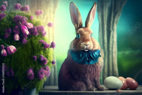 Easter Bunny with flowers and eggs. Festive illustration. Generated by AI