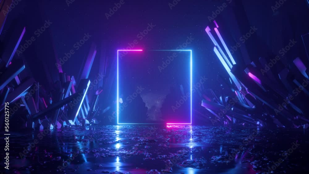 looping 3d animation. Abstract futuristic neon background with blank square frame and crystals. Pink blue glowing lines draw simple geometric shape. Spiritual fantasy wallpaper