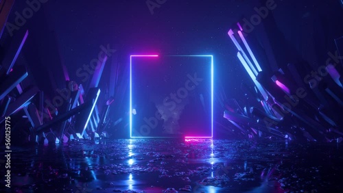 looping 3d animation. Abstract futuristic neon background with blank square frame and crystals. Pink blue glowing lines draw simple geometric shape. Spiritual fantasy wallpaper