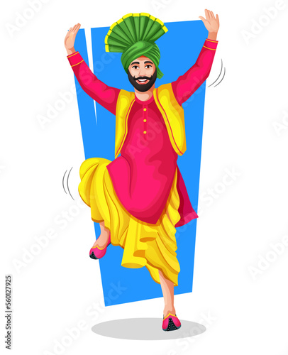 A Punjabi Bhangra dancer in national cloth performing a folk dance step with hand gestures. vector illustration isolated on white. Doing Lohri dance. Illustrations of excited happy Man in traditional.