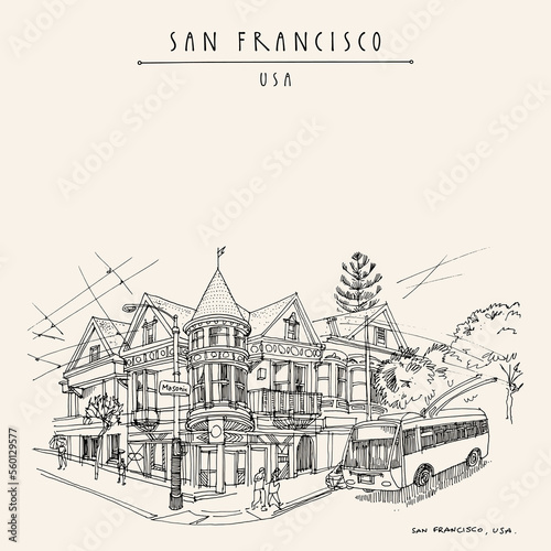 Vector San Francisco, California, USA vintage hand drawn postcard or poster. Trolleybus on the route in the streets of the old town