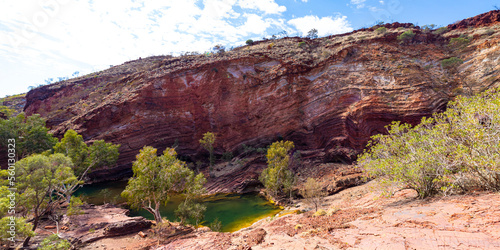 a panorama of hamersley gorge in karijini national park, western australia; a lush red canyon in the desert with red sand and rocks; an oasis in the australian outback photo