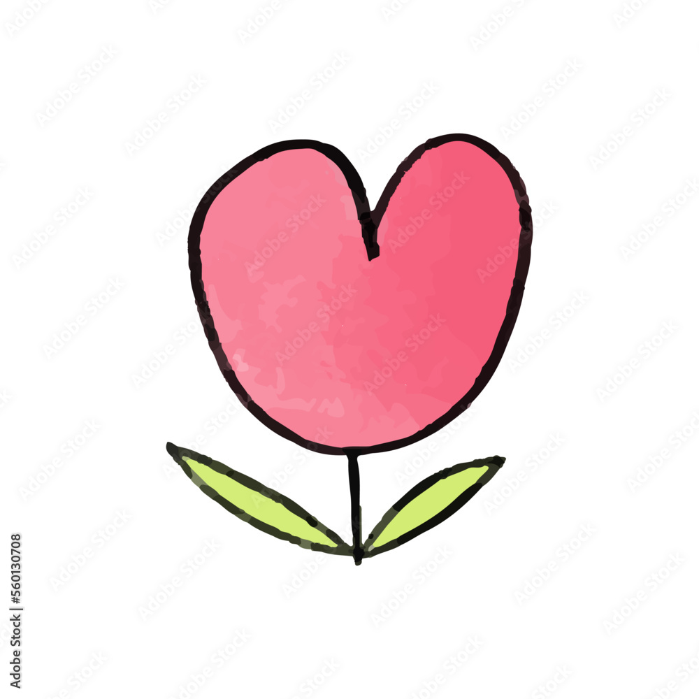 Vector Cute pink hand drawn watercolor heart in the shape of a tulip.