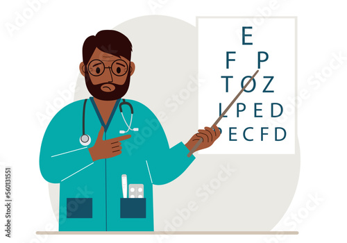 Ophthalmologist near the vision test table. Diagnosis and eye examination. Optometrist checks eyesight and chooses glasses.
