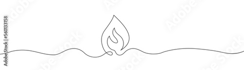 Continuous line in shape of flame on white background. Fire sign. Danger symbol. One line art. Simple design. Thin line sketch. Flat design.